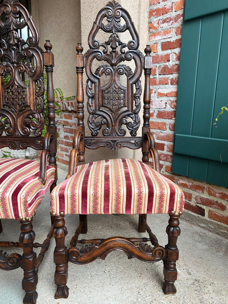 PAIR Antique French Dining Chairs Renaissance Revival Open Carved Oak SET of 2