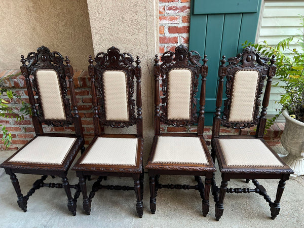 Set 4 Antique French Dining Chairs Renaissance Carved Oak Bird Black Forest