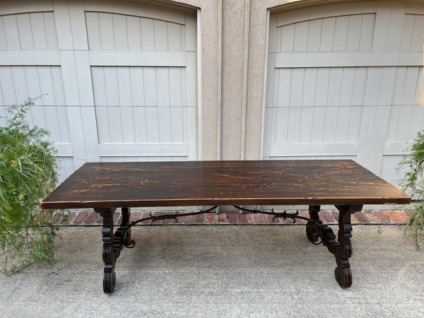 Antique French Oak Dining Table Catalan Trestle 7 ft. Farmhouse Plank Top c1890