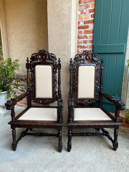 PAIR Antique French Arm Chair Dining Renaissance Carved Oak Bird Black Forest