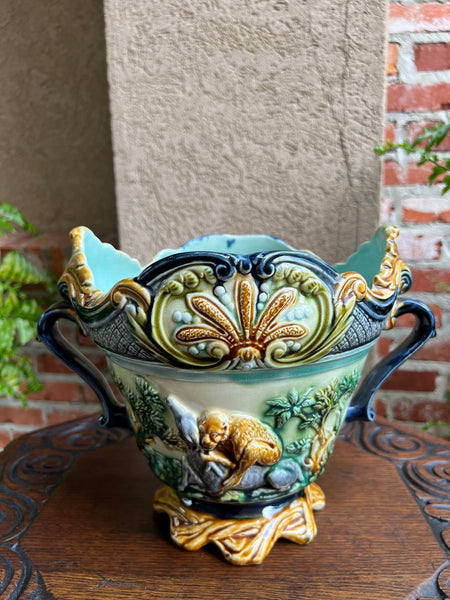 Antique French Majolica Jardinière Onnaing Tiger Monkey Jungle Cache Pot Planter