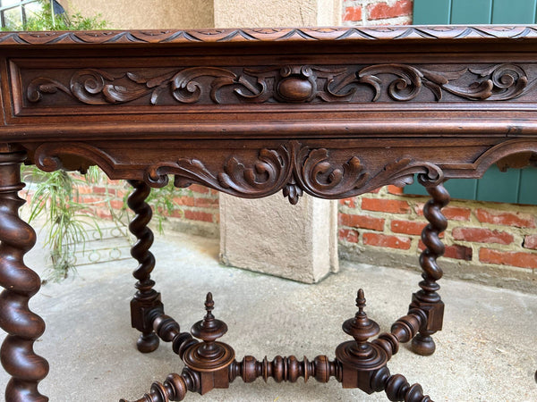 Antique French Sofa Table Writing Desk Barley Twist Carved Renaissance Tapestry