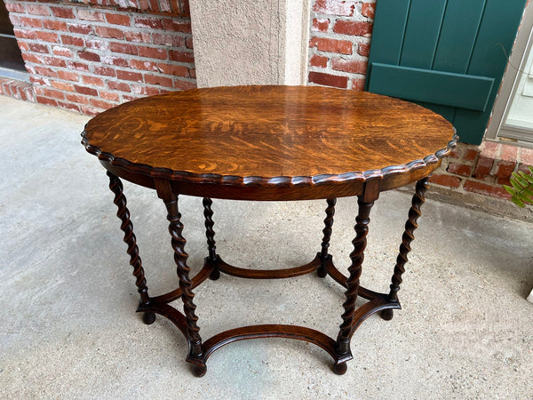 Antique English OVAL Side Center Table BARLEY TWIST Tiger Oak Jacobean c1920