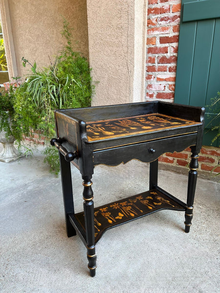 Antique English Sofa Side Table Decoupage Botanical Floral Black Gold c1890