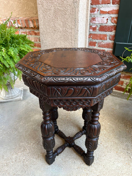 PETITE Antique French Octagon Center Side TABLE Side End Renaissance Carved Oak