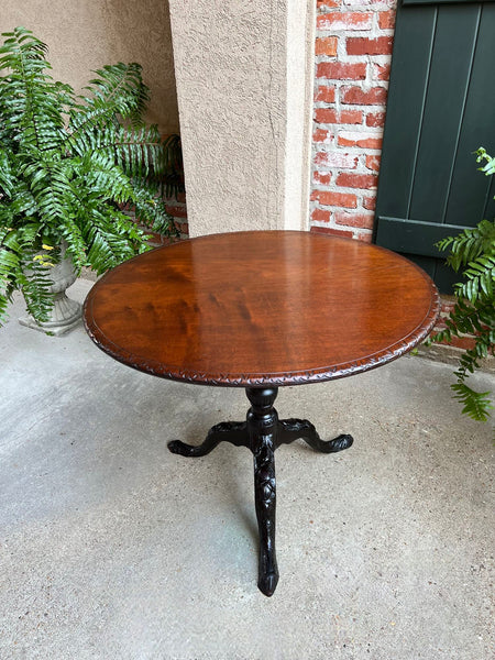 Antique French Tilt-Top Round Table Carved Mahogany Game Mahjong Wine c1890