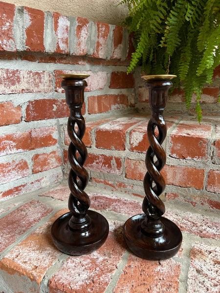 PAIR Set Antique English Oak OPEN Barley Twist Candlesticks Candle Holder Brass