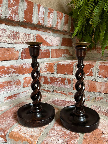 PAIR Set Antique English Oak OPEN Barley Twist Candlesticks Candle Holder Brass