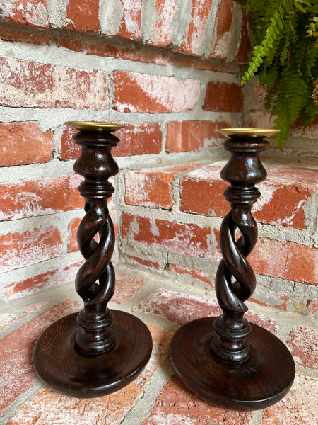 PAIR Set Antique English Oak OPEN Barley Twist Candlesticks Candle Holder Brass