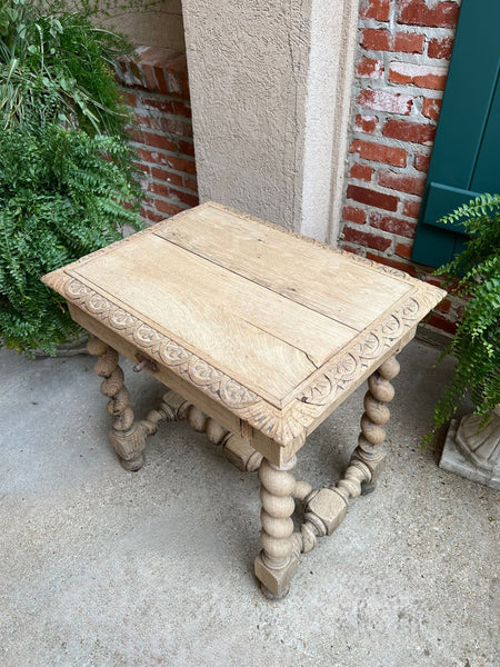Antique French Side Table Barley Twist Bleached Carved Oak Nightstand Louis XIII