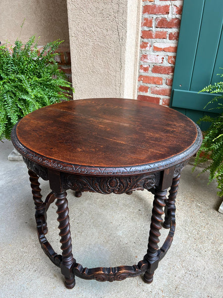 Antique French ROUND Side Center Table BARLEY TWIST Carved Oak Renaissance c1900