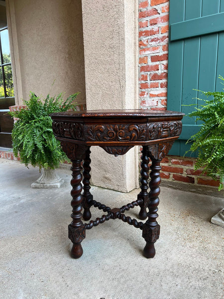Antique French Octagon Sofa Table Carved Oak Barley Twist Louis XIII Renaissance