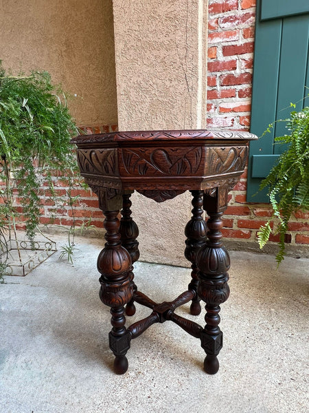 PETITE Antique French Octagon Center Side TABLE Renaissance Carved Oak c1890