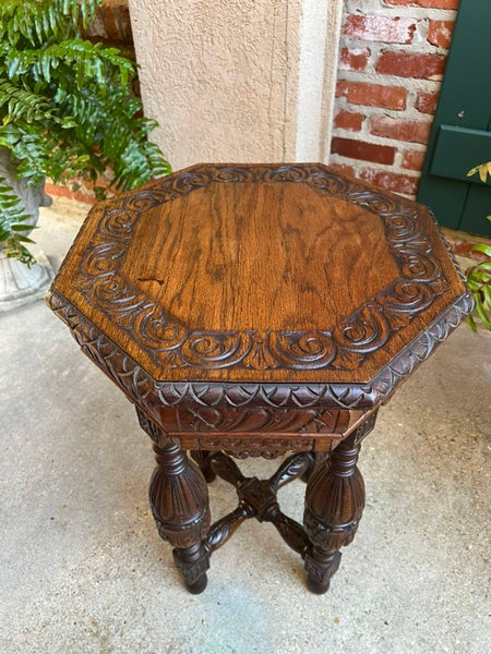 Petite Antique French Octagon Side TABLE Renaissance Carved Oak c1900