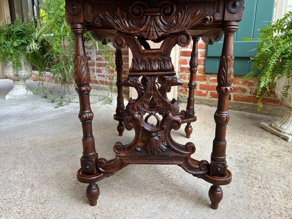 Antique French Sofa Hall Table Carved Oak Renaissance Revival Cherub End Table