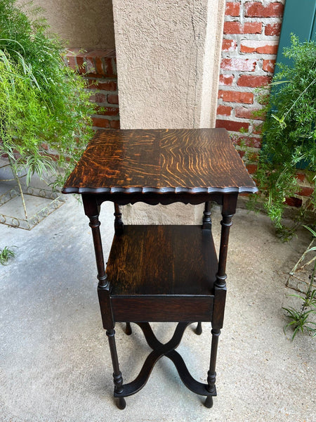 Antique English End Table SQUARE PETITE Jacobean Oak Two Tier c1900