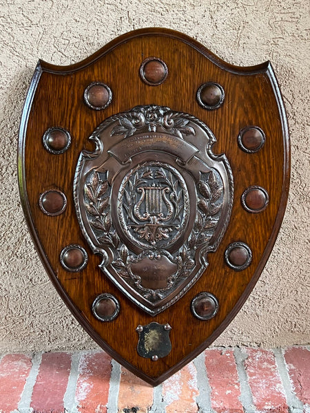 Antique English Choir Trophy Award Plaque Copper Repousse c1938 Lyre Harp