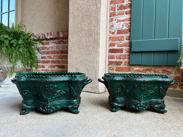 PAIR Antique French Cast Iron Jardiniere Large Footed Cache Pot Planter c1880
