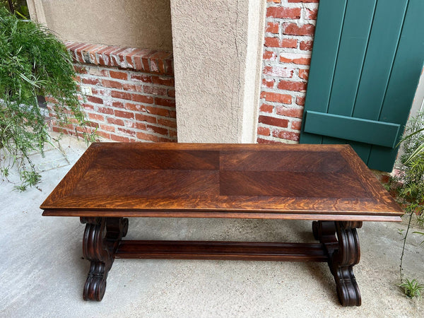 Antique French Coffee Table Carved Oak Bench Baroque Window Hall Seat c1900.