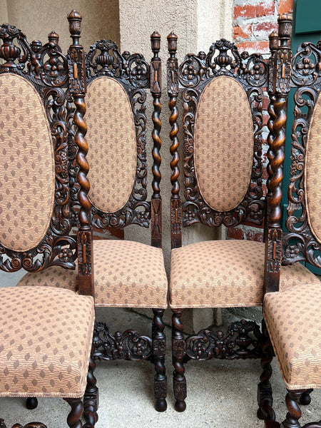 Set 4 TALL Antique French Dining Chair Barley Twist Renaissance Carved Oak 1890