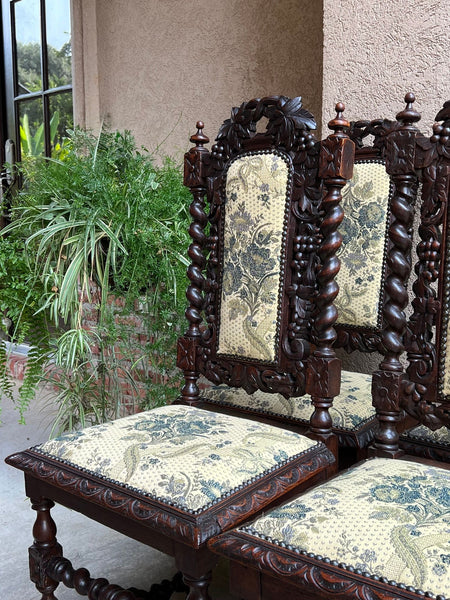 Set 4 Antique French Dining Chair Barley Twist Renaissance Carved Oak Green 1900