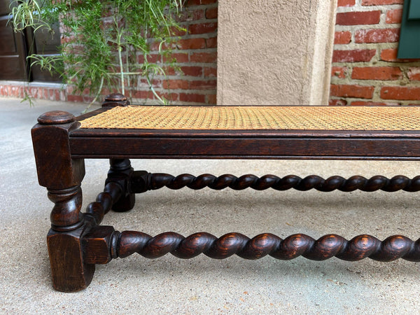 Antique English Barley Twist Stool Bench Oak Cane Jacobean Ottoman c1920