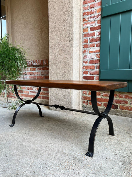 Antique French Coffee Table Bench Country Farmhouse Tiger Oak Wrought Iron c1920
