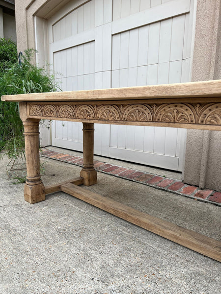 Antique French Dining Farm Table Bleached CARVED Oak 8 ft. LARGE c1880