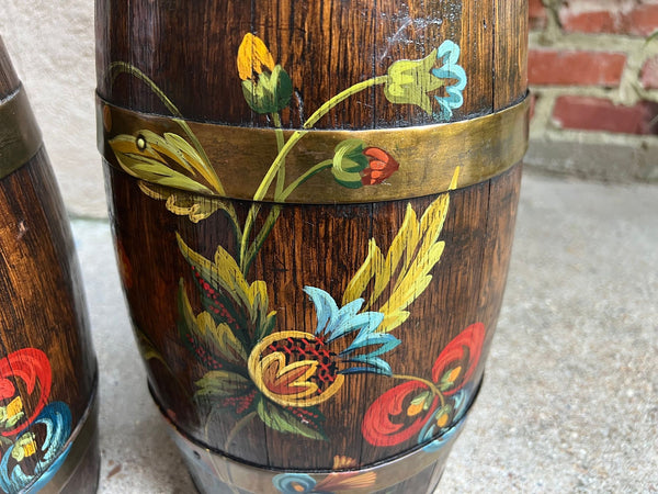 PAIR Set Antique English Oak Barrel Jardinière Planter Rosemaling Hand Painted