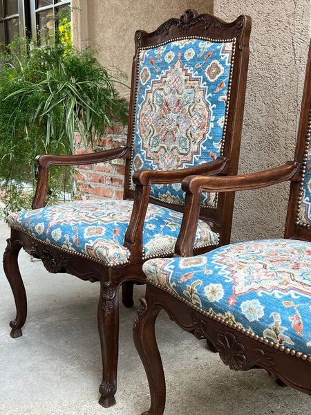 PAIR Antique French Dining Arm Chair Louis XV Carved Oak Blue Persian textile