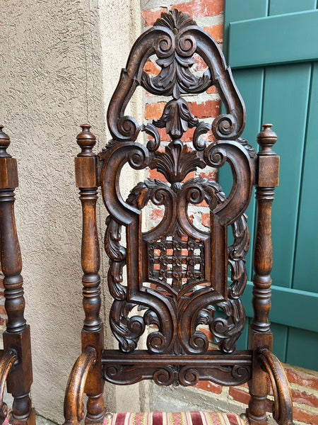 PAIR Antique French Dining Chairs Renaissance Revival Open Carved Oak SET of 2