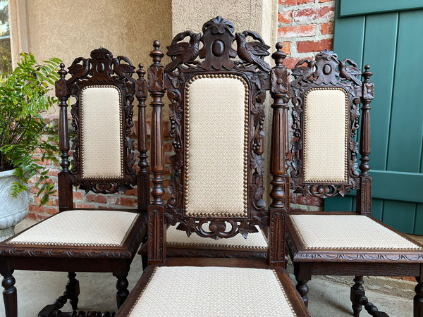 Set 4 Antique French Dining Chairs Renaissance Carved Oak Bird Black Forest