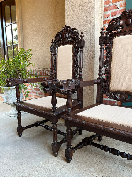 PAIR Antique French Arm Chair Dining Renaissance Carved Oak Bird Black Forest