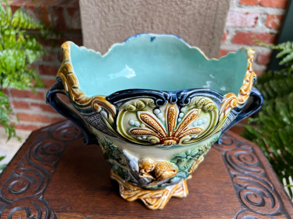 Antique French Majolica Jardinière Onnaing Tiger Monkey Jungle Cache Pot Planter