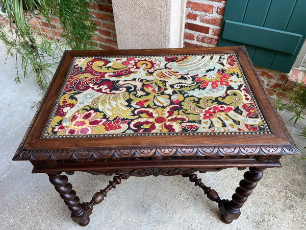 Antique French Sofa Table Writing Desk Barley Twist Carved Renaissance Tapestry