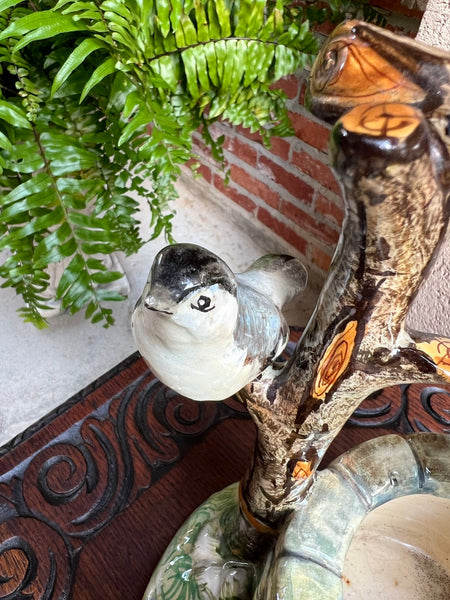 Antique French Majolica Bird Wishing Well Flower Holder Cache Pot Jerome Massier