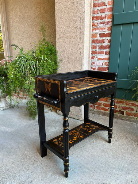 Antique English Sofa Side Table Decoupage Botanical Floral Black Gold c1890