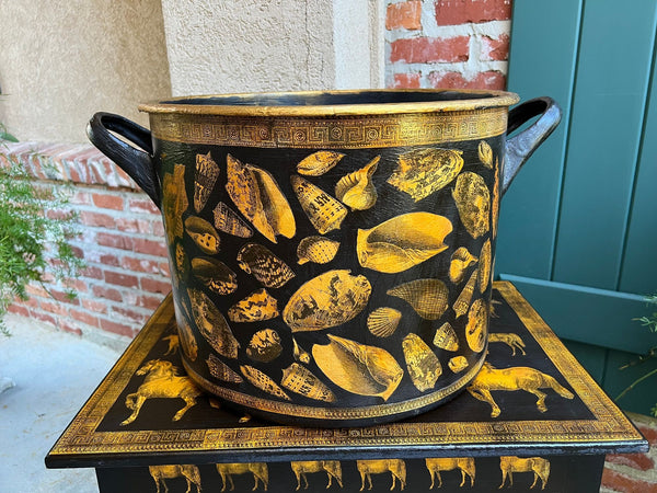 LARGE Antique English Planter Cachepot Black Metal Lacquer SHELL Decoupage c1890