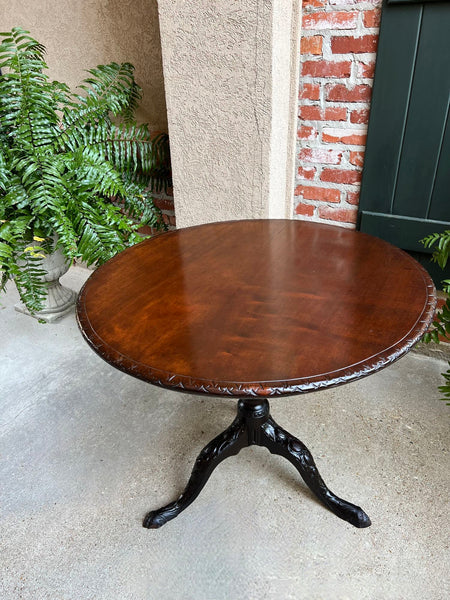 Antique French Tilt-Top Round Table Carved Mahogany Game Mahjong Wine c1890