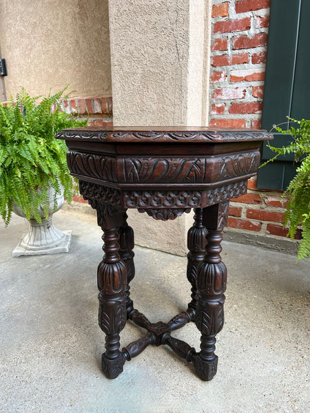 PETITE Antique French Octagon Center Side TABLE Side End Renaissance Carved Oak