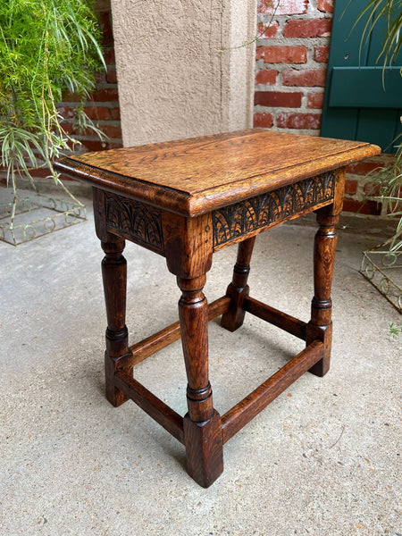Antique English Footstool Bench Joint Stool Carved Oak Jacobean Stand c1900