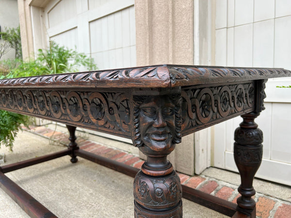 Antique French Renaissance Carved Oak Library Center Table Console Island c1880
