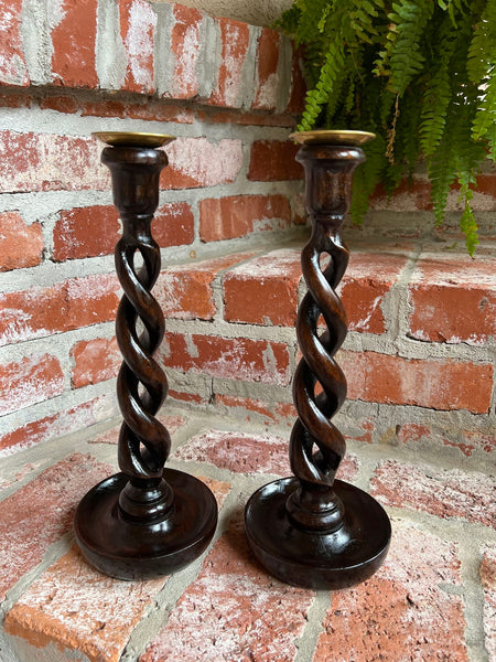 PAIR Set Antique English Oak OPEN Barley Twist Candlesticks Candle Holder Brass