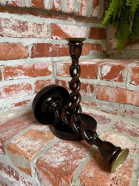 PAIR Set Antique English Oak OPEN Barley Twist Candlesticks Candle Holder Brass