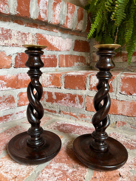 PAIR Set Antique English Oak OPEN Barley Twist Candlesticks Candle Holder Brass