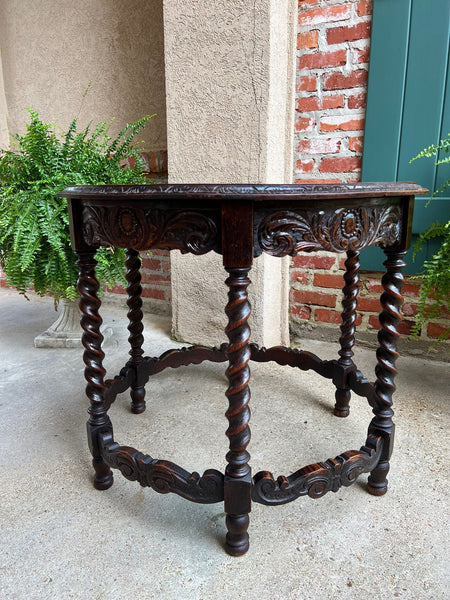 Antique French ROUND Side Center Table BARLEY TWIST Carved Oak Renaissance c1900