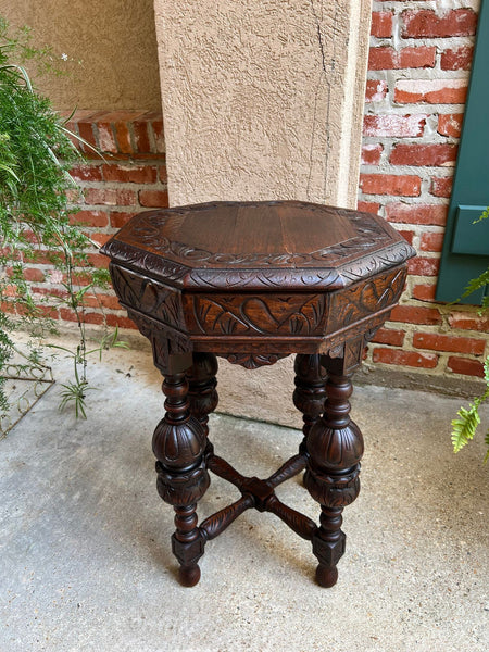 PETITE Antique French Octagon Center Side TABLE Renaissance Carved Oak c1890
