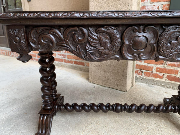 Antique French Console Sofa Table Carved Oak Barley Twist Desk Renaissance c1890