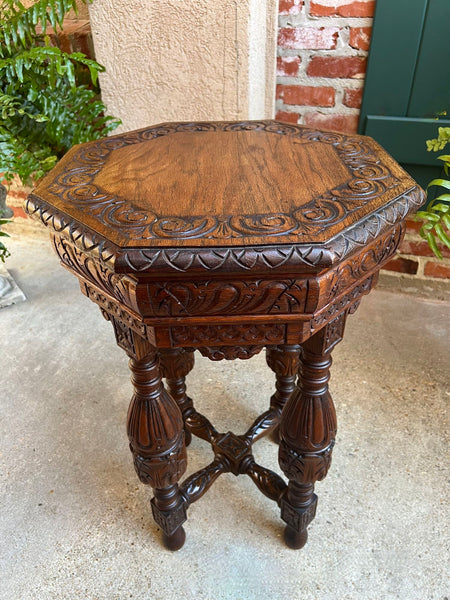 Petite Antique French Octagon Side TABLE Renaissance Carved Oak c1900