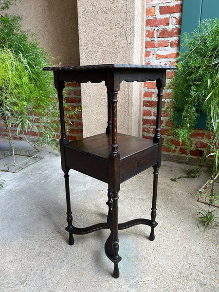 Antique English End Table SQUARE PETITE Jacobean Oak Two Tier c1900